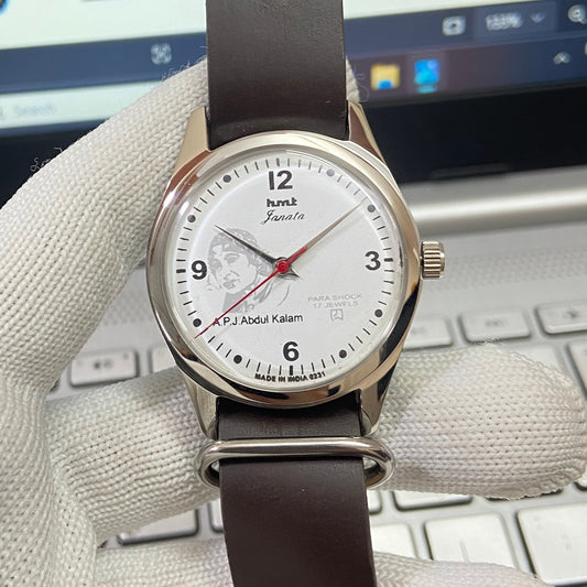 Vintage MOD HMT Janata Kalam Hand Winding 17 Jewels White Face Brown Nato Band Men's Wrist Watch B64