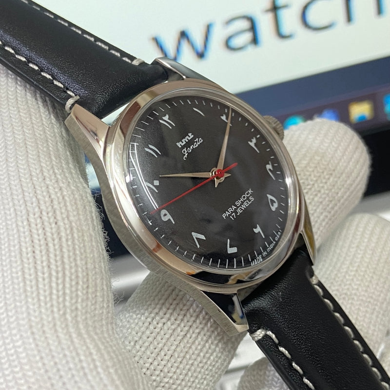 Vintage MOD HMT Janata Urdu Hand Winding 17 Jewels Black Face Black Band Men's Wrist Watch B37