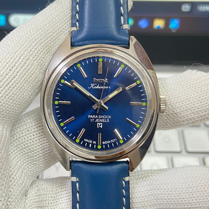 Vintage MOD HMT Kohinoor Hand Winding 17 Jewels Blue Face Blue Band Men's Wrist Watch B46