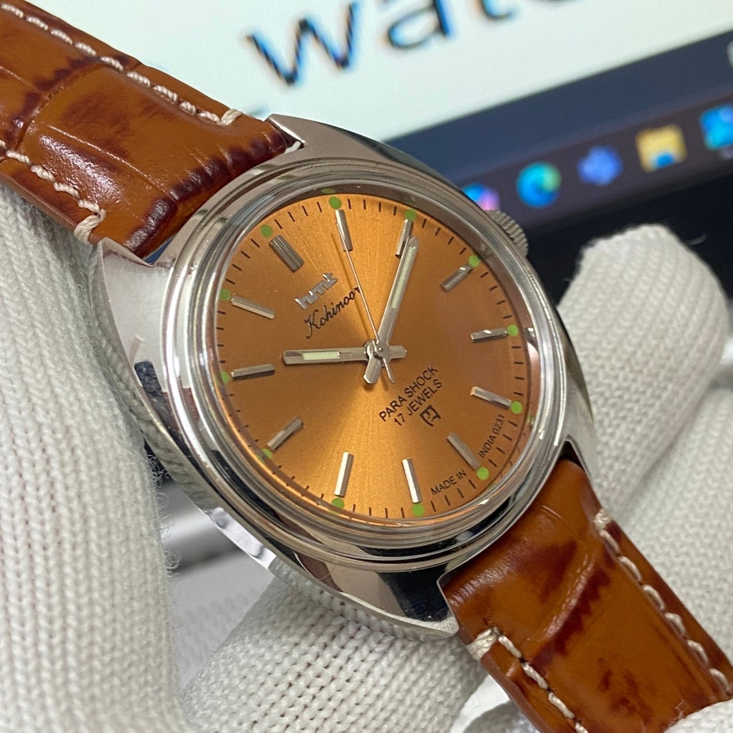 Vintage HMT Kohinoor Hand Winding 17 Jewels Orange Face Brown Band Men's Wrist Watch B49