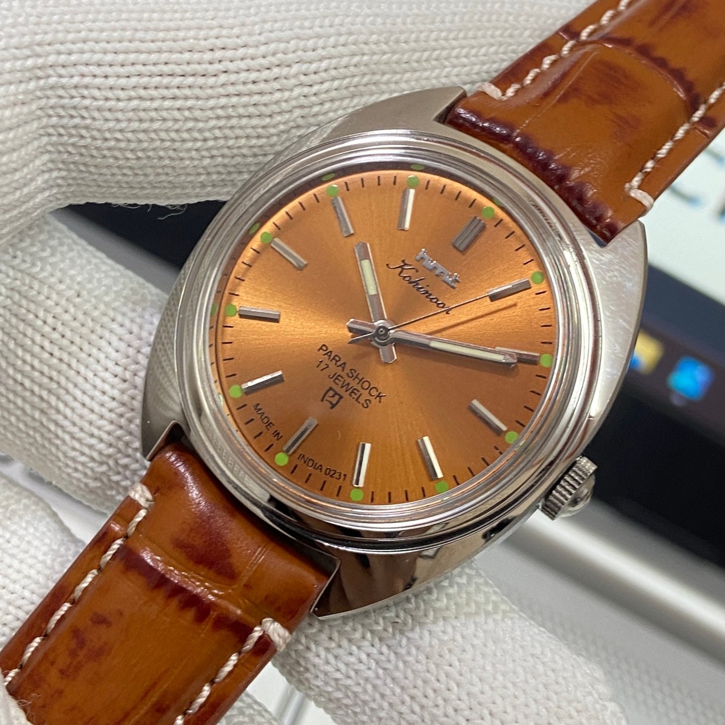 Vintage HMT Kohinoor Hand Winding 17 Jewels Orange Face Brown Band Men's Wrist Watch B49