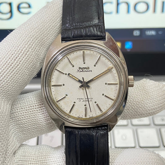 Vintage HMT Kohinoor Hand Winding 17 Jewels White Face Black Band Men's Wrist Watch B53