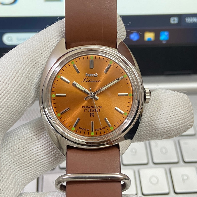 Vintage MOD HMT Kohinoor Hand Winding 17 Jewels Orange Face Brown Nato Band Men's Wrist Watch B057
