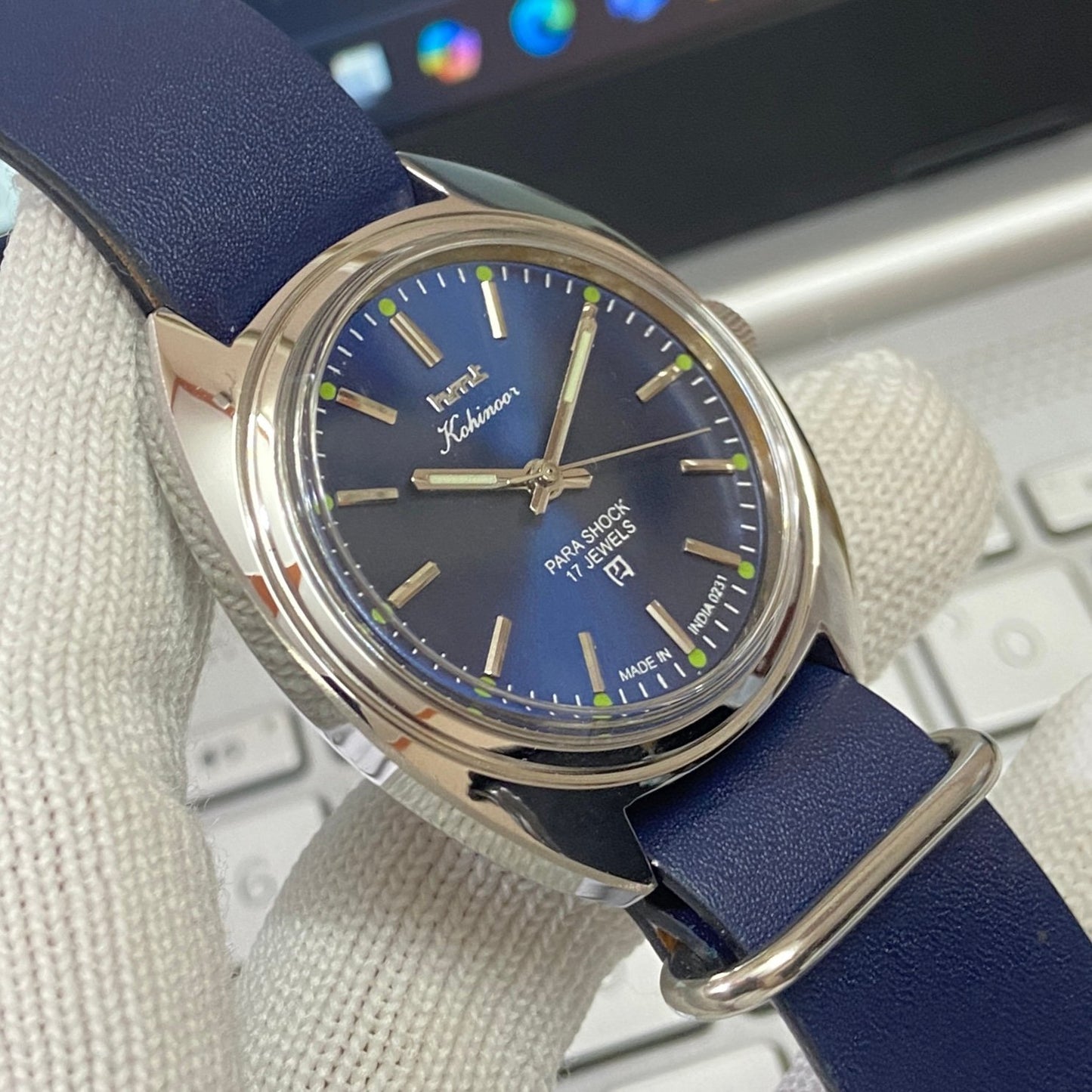 Vintage HMT Kohinoor Hand Winding 17 Jewels Blue Face Blue Nato Band Men's Wrist Watch B59