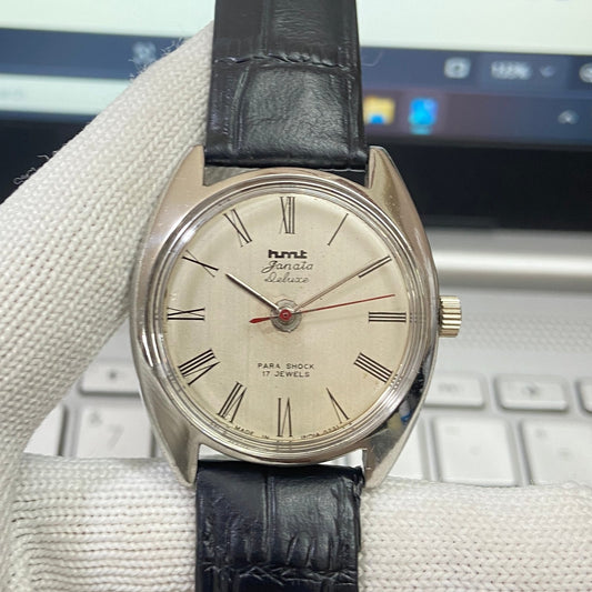 Vintage HMT Janata Hand Winding 17 Jewels White Face Black Band Men's Wrist Watch B60