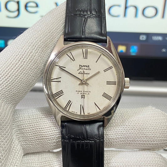 Vintage HMT Janata Hand Winding 17 Jewels White Face Black Band Men's Wrist Watch B61