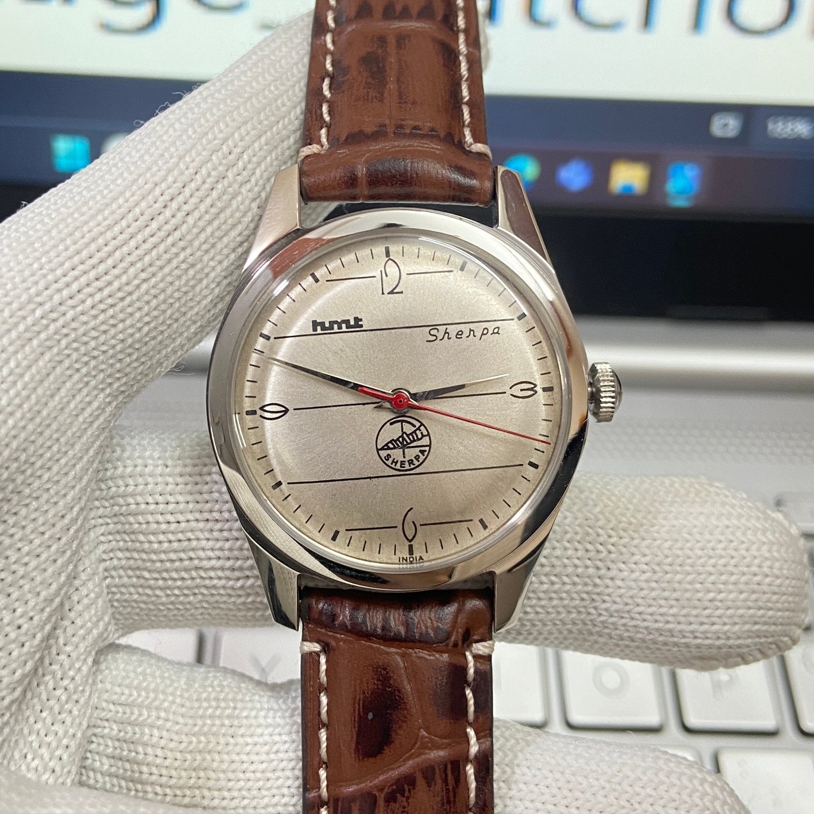 Vintage HMT Sherpa Hand Winding 17 Jewels Silver Face Brown Band