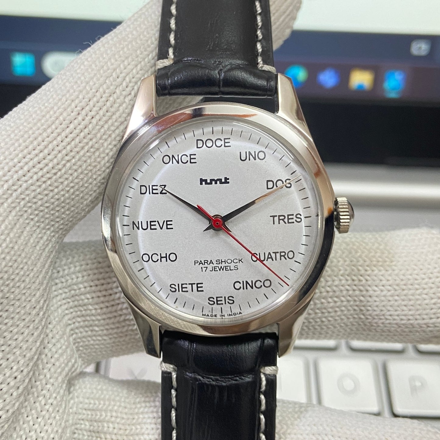 Vintage HMT Spanish Hand Winding 17 Jewels White Face Black Band Men's Wrist Watch B65