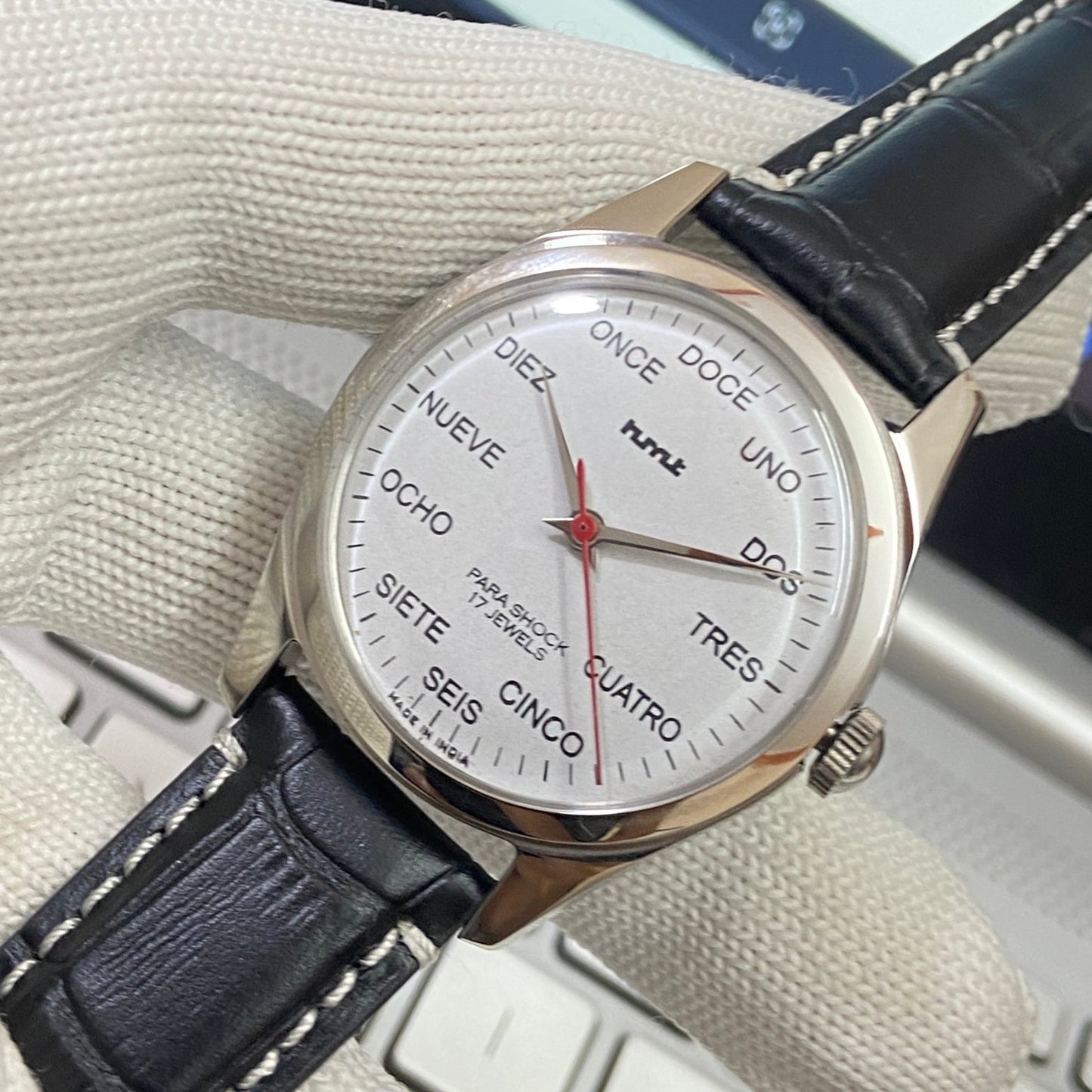 Vintage HMT Spanish Hand Winding 17 Jewels White Face Black Band Men's Wrist Watch B65