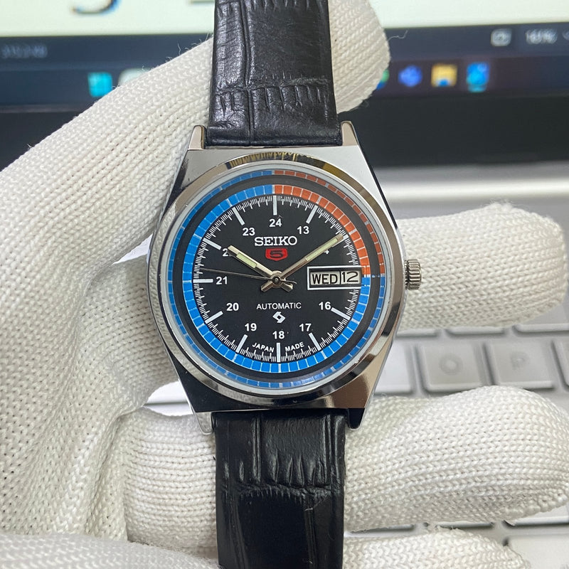 Vintage MOD Seiko 5 Automatic 17 Jewels Cal. 6309 Black Face Black Band B79