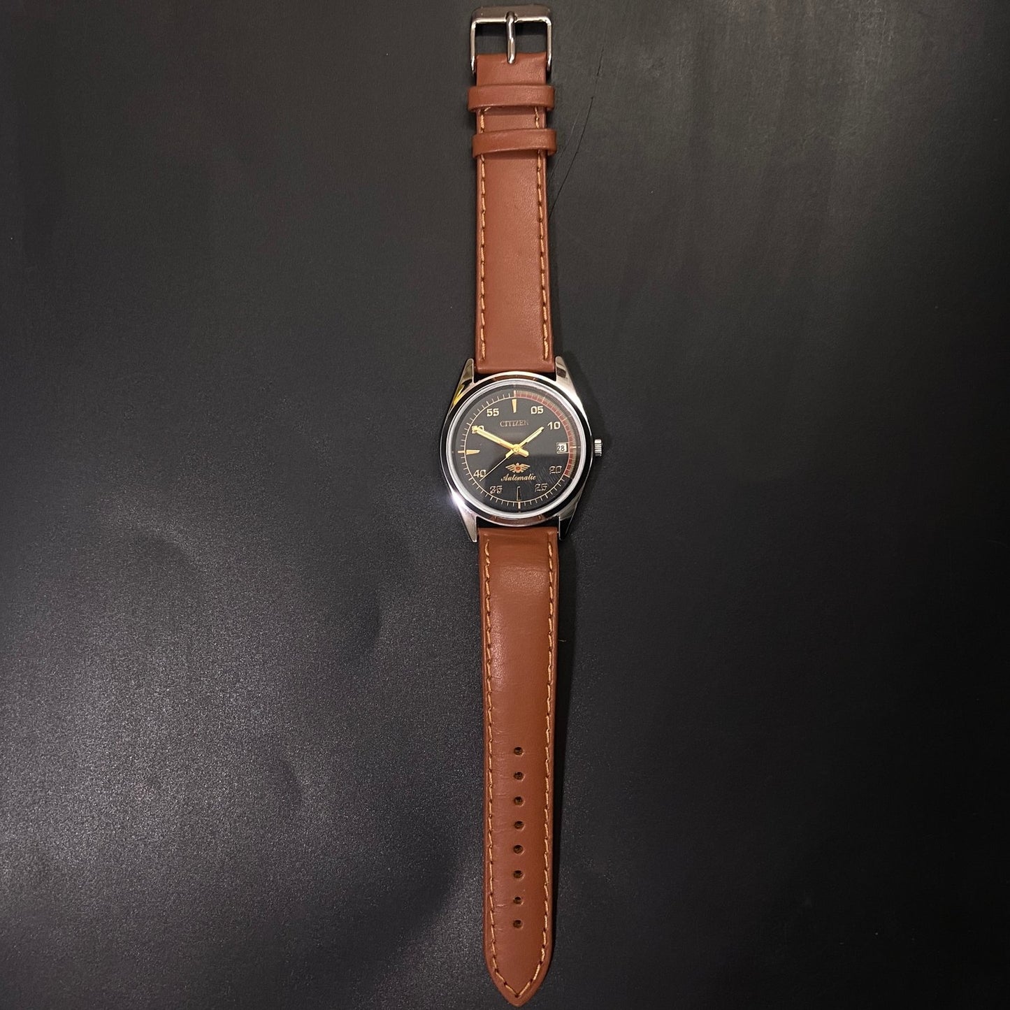 Vintage Citizen Automatic 21 Jewels Black Face Brown Band B81