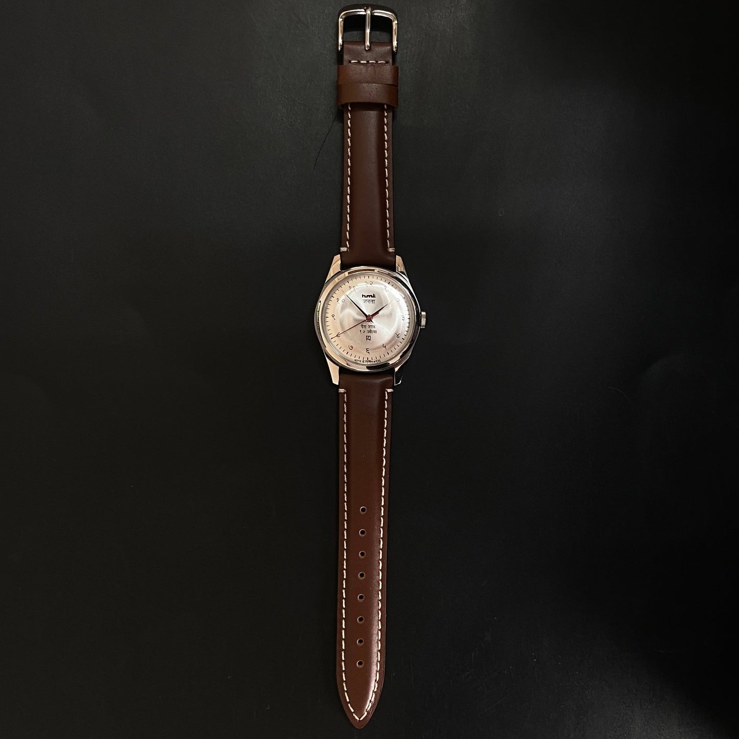Vintage HMT Devanagari Hand Winding 17 Jewels Silver Face Brown Band Men's Wrist Watch C28