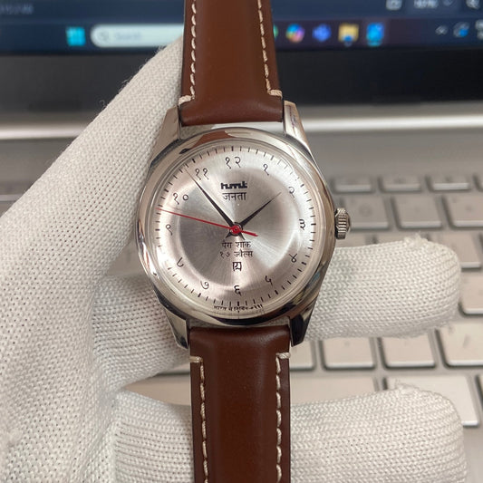 Vintage MOD HMT Devanagari Hand Winding 17 Jewels Silver Face Brown Band Men's Wrist Watch C28