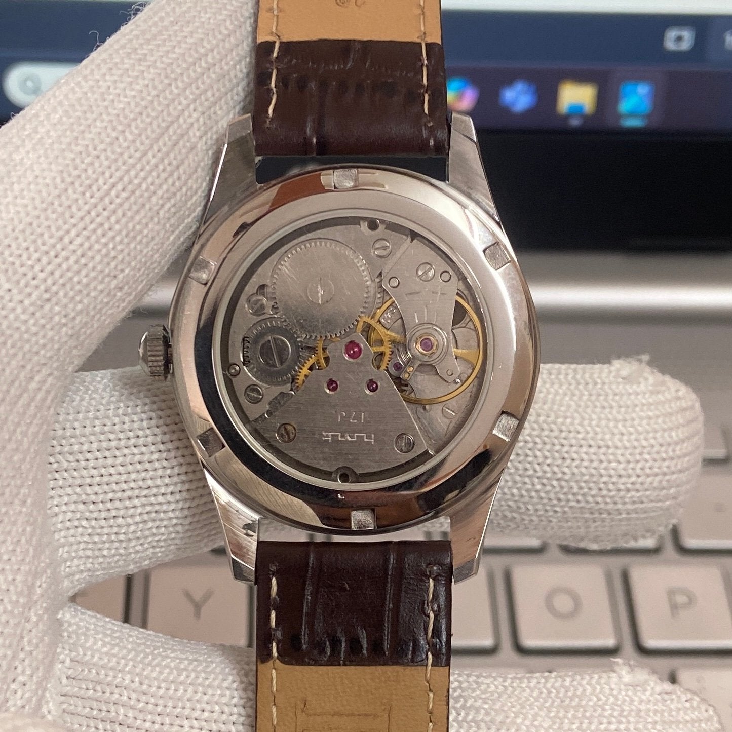 Vintage HMT Devanagari Hand Winding 17 Jewels Yellow Face Brown Band Men's Wrist Watch C29