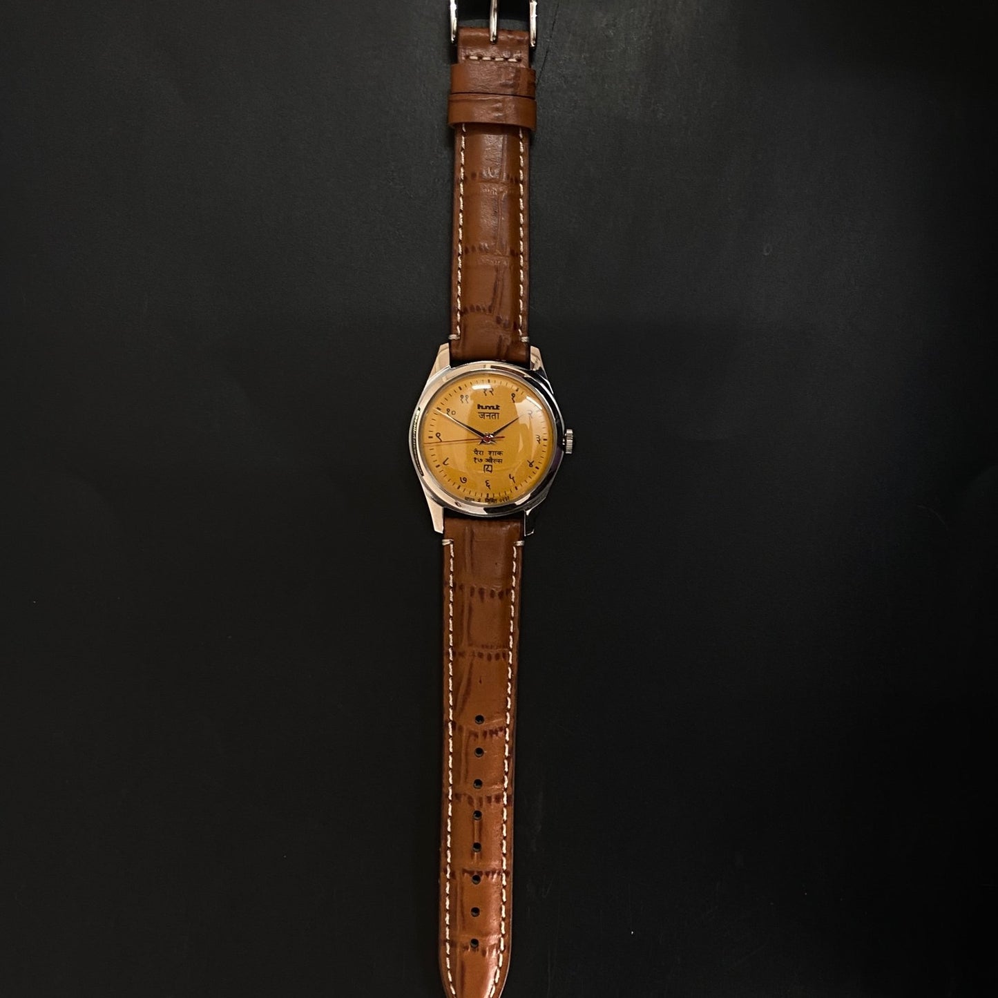 Vintage MOD HMT Janata Devanagari Hand Winding 17 Jewels Mustard Face Brown Band Men's Wrist Watch C30