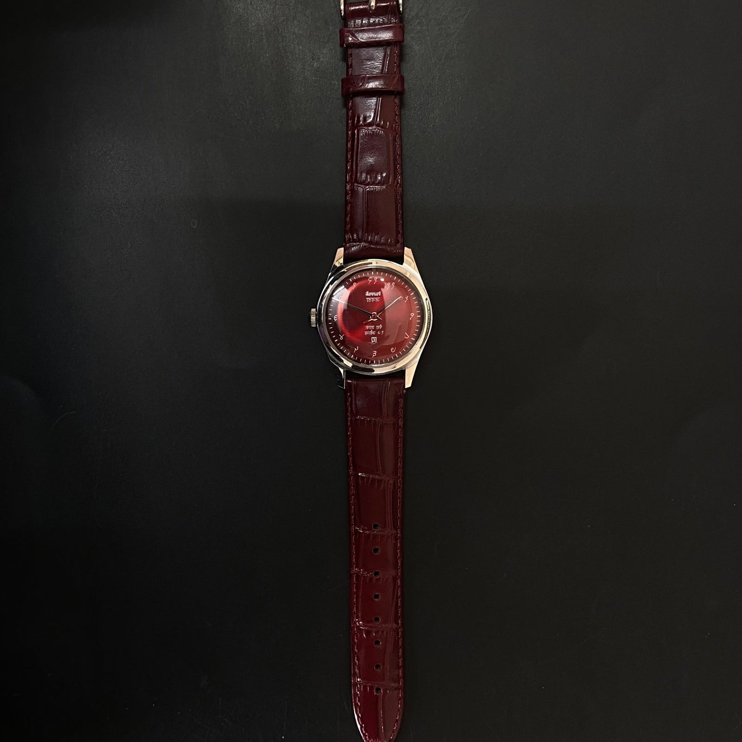 Vintage HMT Devanagari Hand Winding 17 Jewels Red Face Red Band Men's Wrist Watch C31
