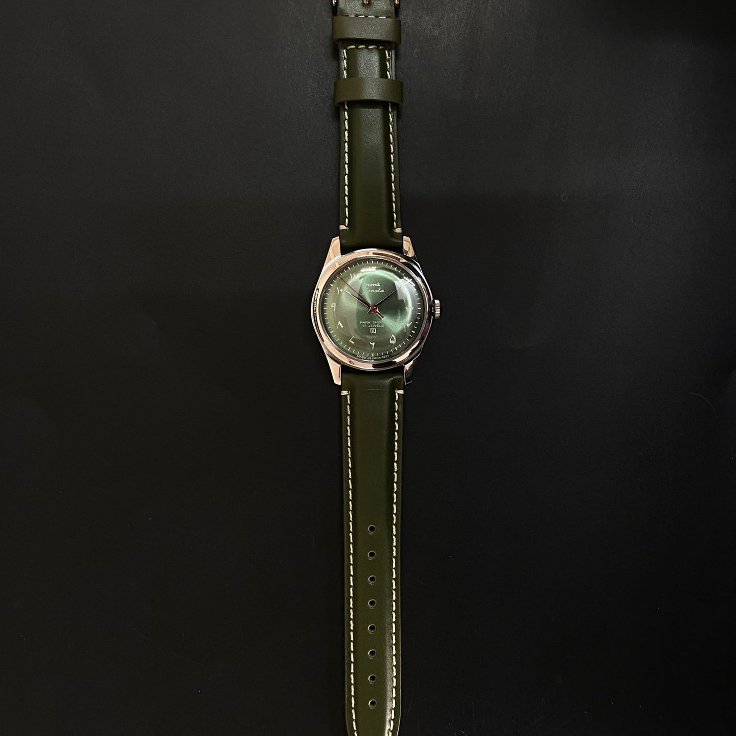 Vintage HMT Janata Urdu Hand Winding 17 Jewels Green Face Green Band Men's Wrist Watch C38