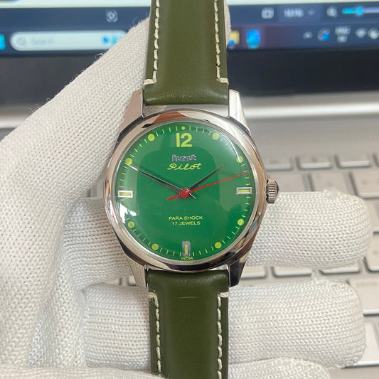 Vintage MOD HMT Pilot Hand Winding 17 Jewels Green Face Green Band Men's Wrist Watch C42