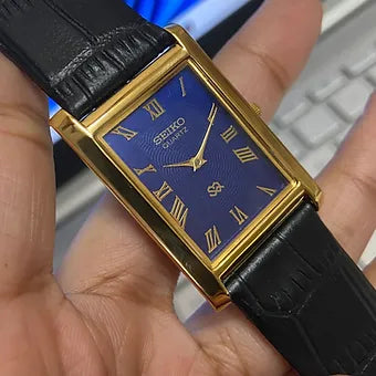 Seiko Slim Rectangular Quartz Blue Face Black Band Men's Wrist watch C43