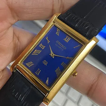 Seiko Slim Rectangular Quartz Blue Face Black Band Men's Wrist watch C43