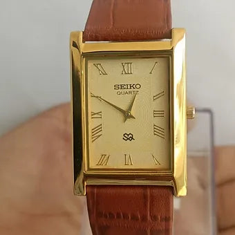 MOD Seiko Slim Rectangular Quartz Golden Face Brown Band Men's Wrist watch C45