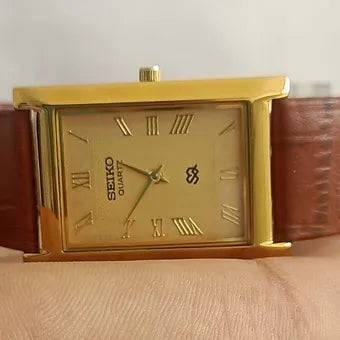Seiko Slim Rectangular Quartz Golden Face Brown Band Men's Wrist watch C45