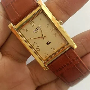 Seiko Slim Rectangular Quartz Golden Face Brown Band Men's Wrist watch C45