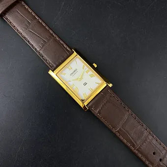Seiko Slim Rectangular Quartz Golden Face Brown Band Men's Wrist watch C46