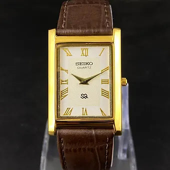 Seiko Slim Rectangular Quartz Golden Face Brown Band Men's Wrist watch C46