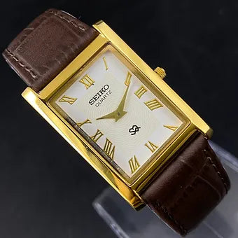 Seiko Slim Rectangular Quartz Golden Face Brown Band Men's Wrist watch C46