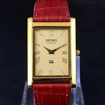 Seiko Slim Rectangular Quartz Golden Face Red Band Men's Wrist watch C47