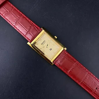 Seiko Slim Rectangular Quartz Golden Face Red Band Men's Wrist watch C47