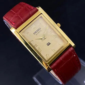 Seiko Slim Rectangular Quartz Golden Face Red Band Men's Wrist watch C47