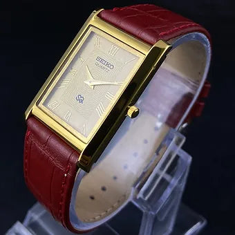 Seiko Slim Rectangular Quartz Golden Face Red Band Men's Wrist watch C47