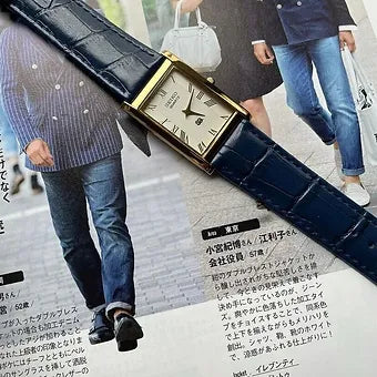 Seiko Slim Rectangular Quartz Golden Face Blue Band Men's Wrist watch C52
