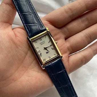 Seiko Slim Rectangular Quartz Golden Face Blue Band Men's Wrist watch C52