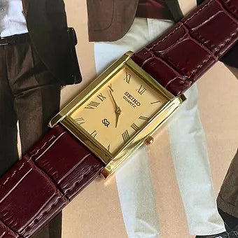 MOD Seiko Slim Rectangular Quartz Golden Face Cherry Band Men's Wrist watch C53