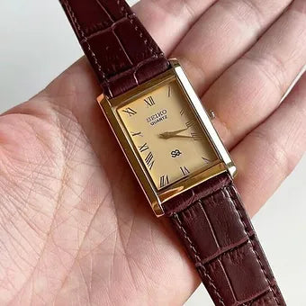 Seiko Slim Rectangular Quartz Golden Face Cherry Band Men's Wrist watch C53