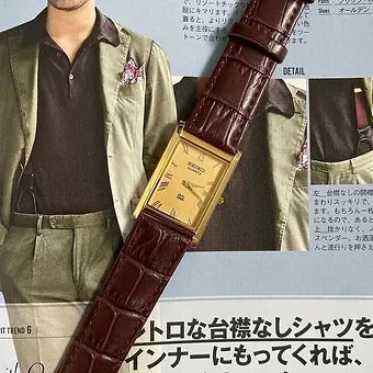 MOD Seiko Slim Rectangular Quartz Golden Face Cherry Band Men's Wrist watch C53