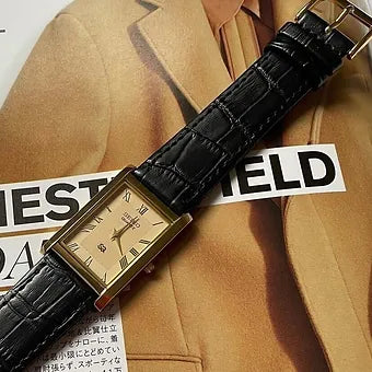 MOD Seiko Slim Rectangular Quartz Golden Face Black Band Men's Wrist watch C54