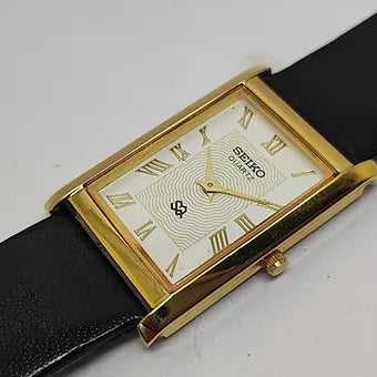 MOD Seiko Slim Rectangular Quartz White Face Black Band Men's Wrist watch C55