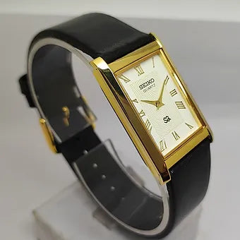 Seiko Slim Rectangular Quartz White Face Black Band Men's Wrist watch C55