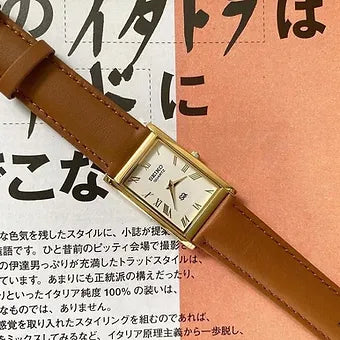 MOD Seiko Slim Rectangular Quartz White Face Brown Band Men's Wrist watch C57