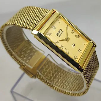Seiko Slim Rectangular Quartz Golden Face Mesh Band Men's Wrist watch C59