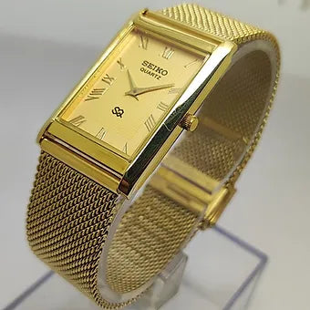 Seiko Slim Rectangular Quartz Golden Face Mesh Band Men's Wrist watch C59