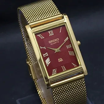 MOD Seiko Slim Rectangular Quartz Red Face Mesh Band Men's Wrist Watch C60