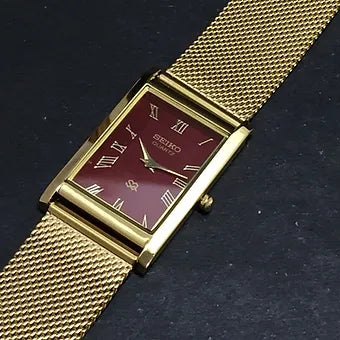 Seiko Slim Rectangular Quartz Red Face Mesh Band Men's Wrist Watch C60