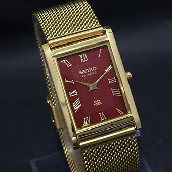 Seiko Slim Rectangular Quartz Red Face Mesh Band Men's Wrist Watch C60