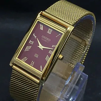Seiko Slim Rectangular Quartz Red Face Mesh Band Men's Wrist Watch C60