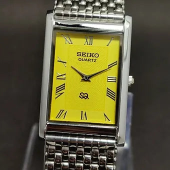 Seiko Slim Rectangular Quartz Yellow Face Looser Chain Not Adjustable Men's Wrist Watch C67